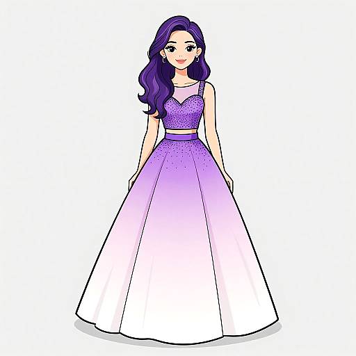 Digital illustration of a fair-skinned woman with long purple hair, wearing a sleeveless, purple-to-white gradient ball gown, standing against a plain white