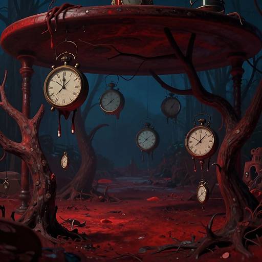 Dark, eerie forest with twisted, blood-red trees. Hanging, dripping clocks under a circular, wooden canopy. Mysterious, gothic atmosphere. Digital