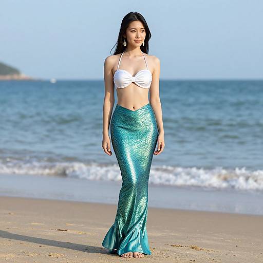 Photograph of a young Asian woman with long black hair standing on a beach, wearing a white bikini top and a shimmering blue-green mermaid-style