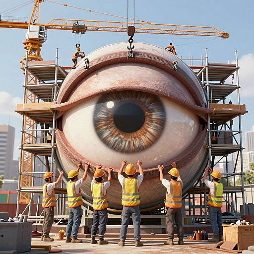 Photograph of six construction workers in yellow vests and orange hard hats, standing around a large, spherical metal object with a detailed eye-like pattern, surrounded