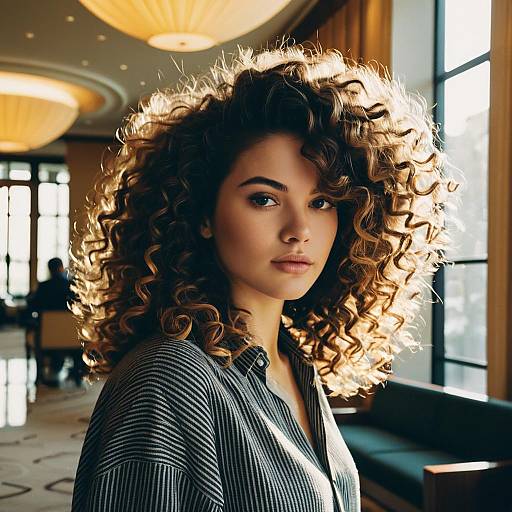 Woman with Curly Blowout Hairstyle in Luxury Hotel Lobby