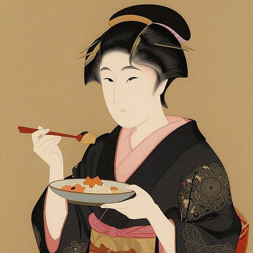 Digital illustration of an Asian woman in a black kimono with intricate patterns, eating from a bowl with chopsticks, against a beige background.