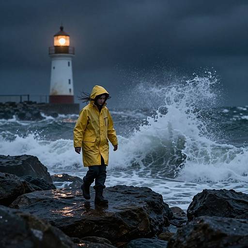 Photograph of a child in a yellow raincoat standing on rocky shoreline, waves crashing, lighthouse illuminated in stormy night sky.