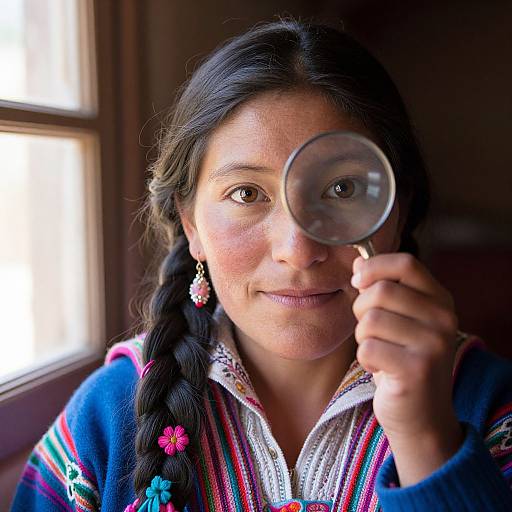 Photograph of a smiling Indigenous woman with dark hair in a braid, holding a magnifying glass to her face, wearing colorful traditional clothing with floral