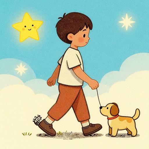 Cartoon drawing of a brown-haired boy in white shirt and brown pants walking a small yellow dog with a brown patch, under a bright blue sky with
