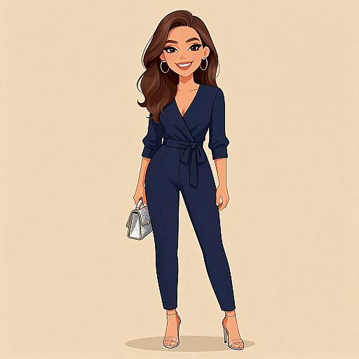 Digital illustration of a smiling woman with long brown hair, wearing a navy blue jumpsuit, white heels, holding a white purse, and large hoop earrings