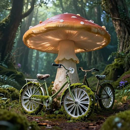 Photograph of a whimsical forest scene with two moss-covered bicycles parked under a giant, glowing, red and white-spotted mushroom.