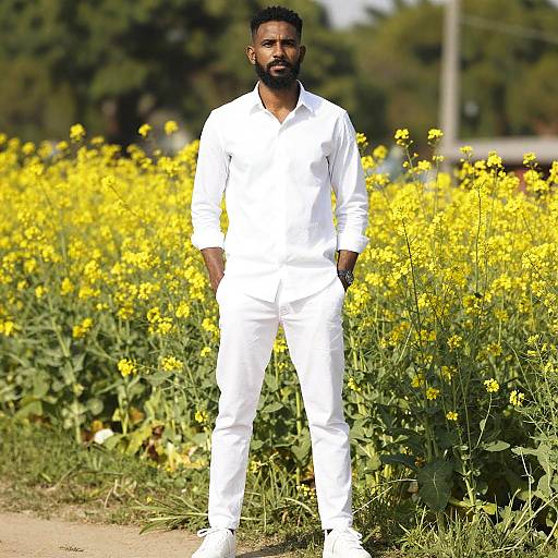Photograph of a bearded, dark-skinned man in a crisp white long-sleeve shirt and pants standing in a vibrant yellow flower field.