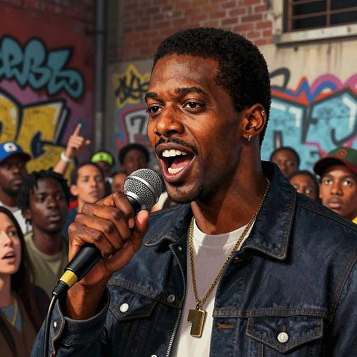 Photograph of a passionate Black male rapper with short hair, dark denim jacket, and gold necklace, singing into a microphone in front of a graffiti-covered