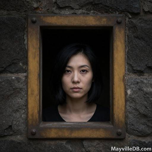 Photograph of an Asian woman with medium-length black hair, neutral expression, framed in a rustic wooden square against a dark stone wall. Watermark: