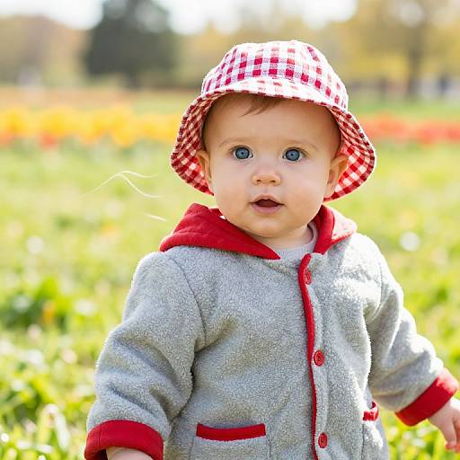 Baby in Checkered Hat in Sunny Meadow