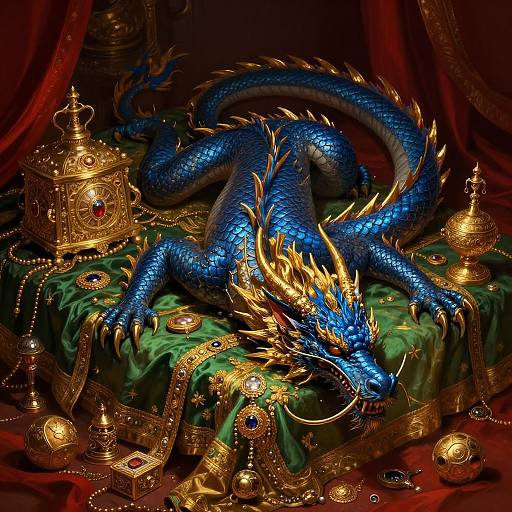 Photograph of a regal, blue-scaled dragon with golden horns and spikes, reclining on a green velvet throne surrounded by ornate golden crow