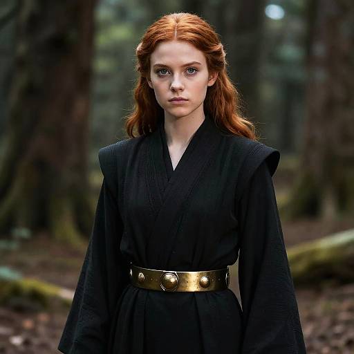 Photograph of a red-haired woman with blue eyes in a black, high-collared robe with a gold belt, standing in a misty forest