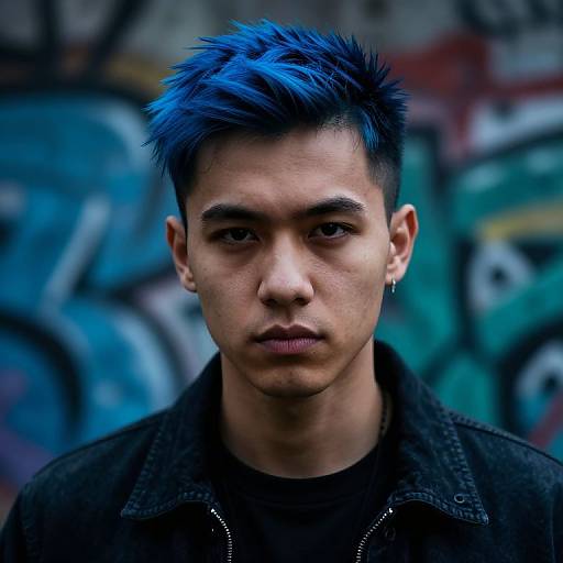 Photograph of a young Asian man with striking blue spiky hair, wearing a black jacket, and a serious expression, against a graffiti-covered urban background