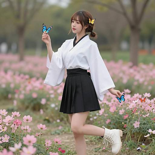 Charming Asian Woman Among Pink Flowers