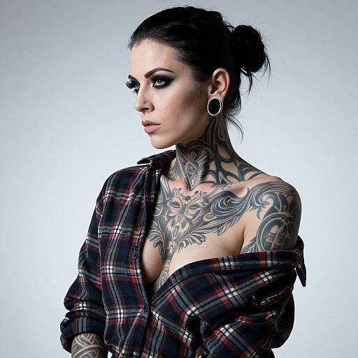 Photograph of a tattooed, dark-haired woman with piercing, wearing an unbuttoned plaid shirt, showcasing intricate chest and neck tattoos, against