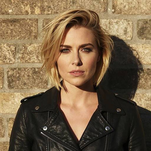 Photograph of a blonde woman with short, messy hair, wearing a black leather jacket, standing against a textured brick wall.