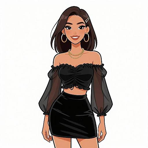 Digital illustration of a smiling woman with medium skin tone, black bob haircut, wearing a black off-shoulder top and skirt, large hoop earrings,