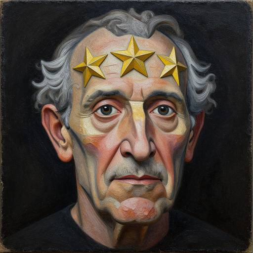 Digital portrait of an elderly man with gray hair, wearing a black shirt, and adorned with five golden stars on his forehead, against a dark background.