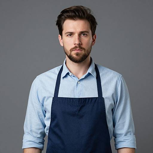 Photograph of a bearded white man with short brown hair, wearing a light blue button-up shirt and black apron, against a gray background.