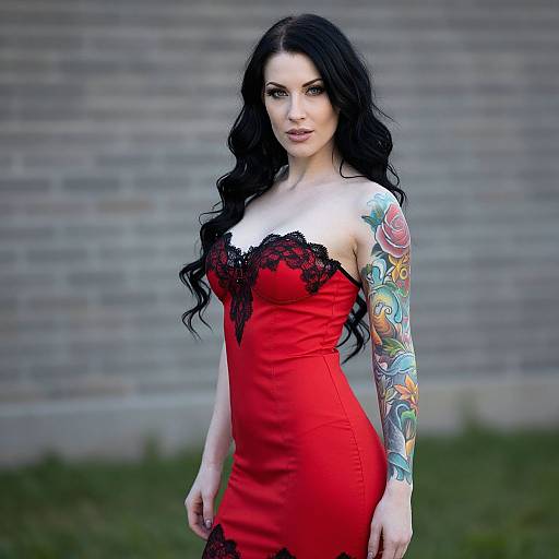 Confident Woman in Red Dress with Tattoos