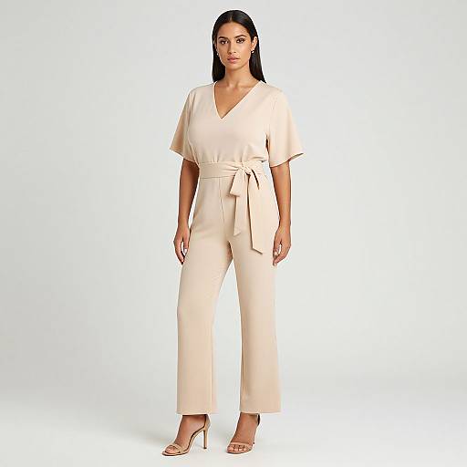 Photograph of a confident woman with long black hair wearing a cream-colored V-neck blouse and high-waisted wide-leg pants, tied at the waist