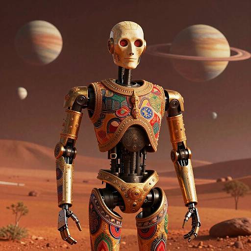 Photorealistic Droid with Thai Silk Motifs on Mars