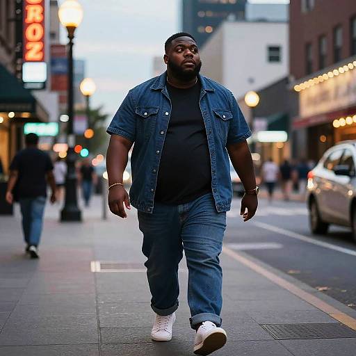 Photograph of a muscular black man walking down a city street at dusk, wearing a denim jacket, black t-shirt, blue jeans, and white sneakers