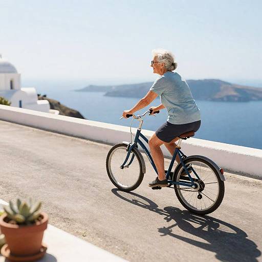 Elderly woman with short white hair and sunglasses, wearing a light blue t-shirt and black shorts, rides a blue bicycle on a sunny Mediterranean coastal