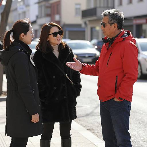 Sunny Urban Scene with Engaged Conversation