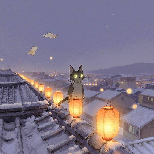 Mystical Kitten on Snowy Rooftop with Lanterns