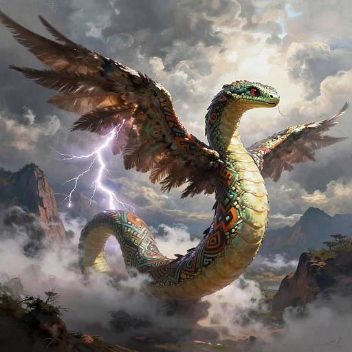 Epic Feathered Serpent in Stormy Sky