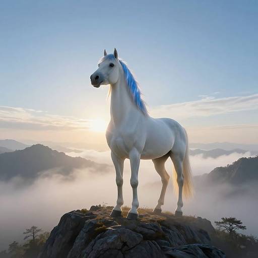 Surreal White Horse on Misty Peak