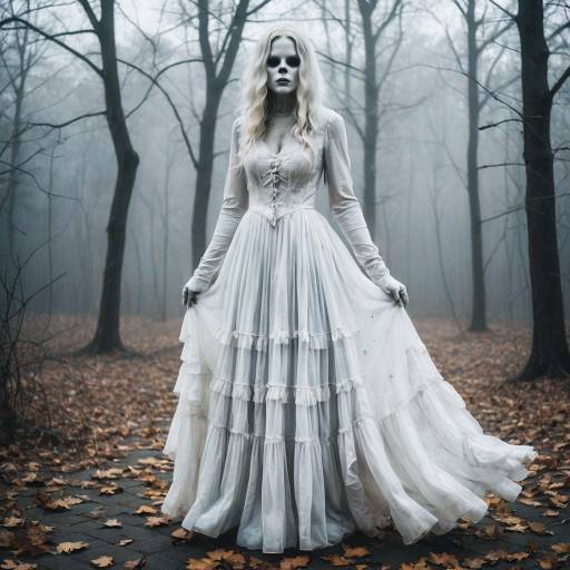Creepy Ghost in Flowing White Gown in Foggy Forest