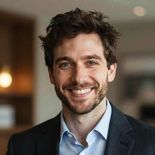 Photograph of a smiling, fair-skinned man with blue eyes, dark wavy hair, and light brown beard, wearing a black blazer and