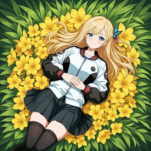 Smiling Girl Lying Amid Scattered Flowers