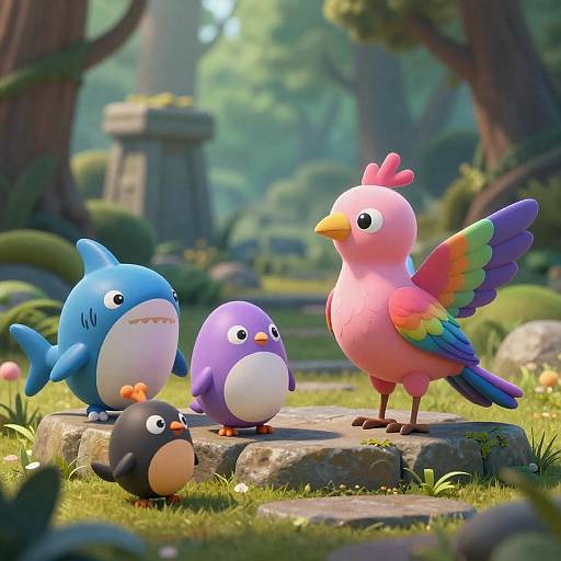 Vibrant Fantasy Creatures in Enchanted Forest