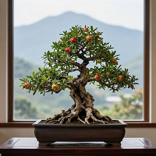 Photograph of a bonsai orange tree with lush green leaves and small orange fruits, rooted in a dark wooden pot, set against a blurred mountain view