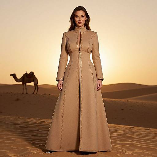Photograph of a woman with long brown hair in a beige, long-sleeved, high-collared desert dress, standing in a sandy desert