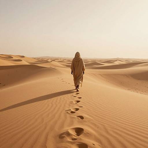 Photograph of a lone figure in a beige robe walking through a vast, sunlit desert with rippled sand dunes and footprints trailing behind.