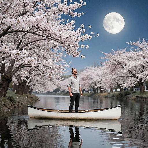 Hipster on Retro Canoe under Cherry Blossoms