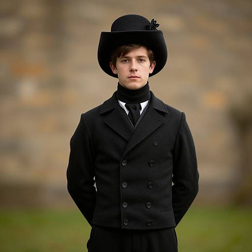Photograph of a young Caucasian boy in a black Victorian-style suit, white tie, and wide-brimmed hat, standing against a blurred stone wall