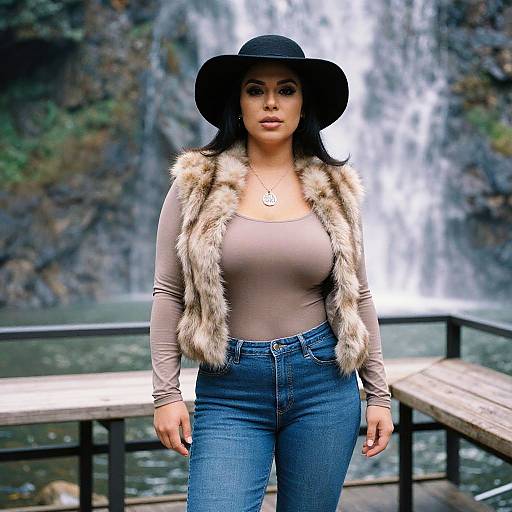 Photograph of a woman with dark hair, large black hat, fur vest, gray top, and blue jeans, standing in front of a waterfall,