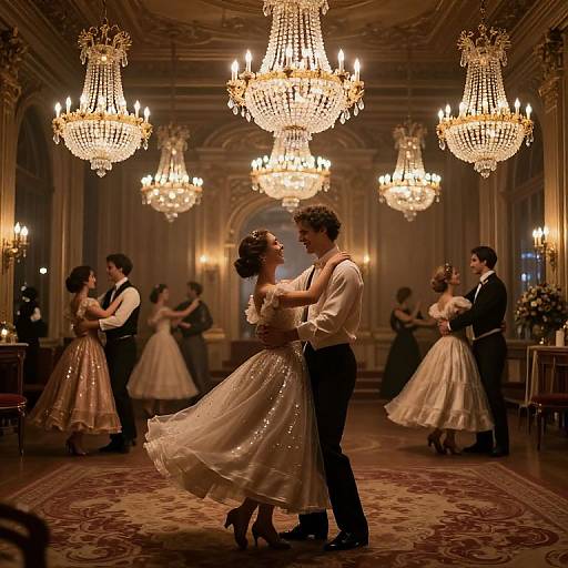 Photograph of a lavish wedding ballroom with chandeliers, bride in sparkling white gown, groom in white shirt and suspenders, dancing amidst eleg