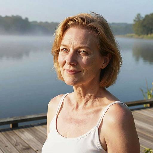 Photograph of a middle-aged woman with short blonde hair, wearing a white tank top, smiling at a misty lake during sunrise.