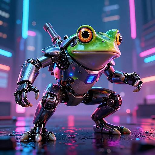 CGI image of a robotic frog with green skin, large orange eyes, and metallic limbs, crouched in a neon-lit futuristic cityscape