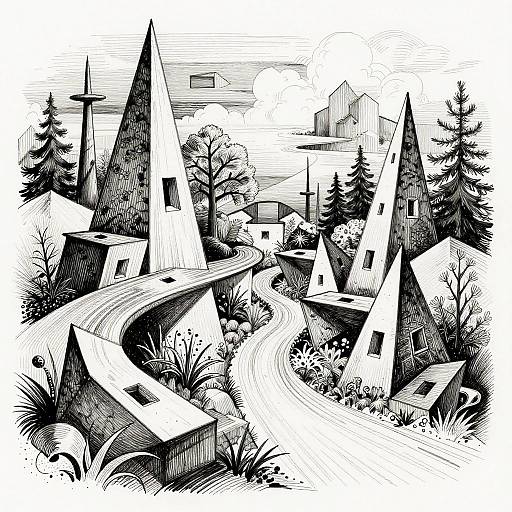 Cubist Digital Ink Landscape Art