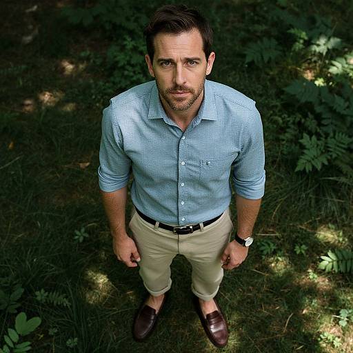 Photograph of a handsome, bearded man with dark hair, wearing a light blue checkered shirt, beige pants, brown belt, and brown shoes