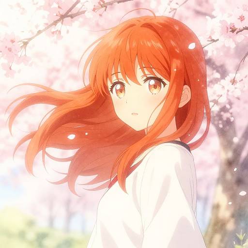 Anime-style digital illustration of a red-haired girl with large amber eyes, wearing a white shirt, standing under blooming cherry blossoms. Bright, soft