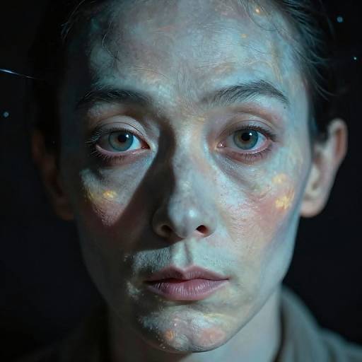 Close-up photograph of a young woman with glowing, iridescent skin, dark background, and intense blue eyes, illuminated by soft, multicolored